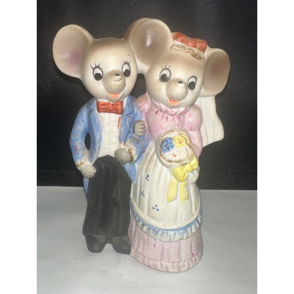 Vintage LeCroy Ceramic Mouse Bride and Groom Wedding Figurine Hand Painted 4.5in
